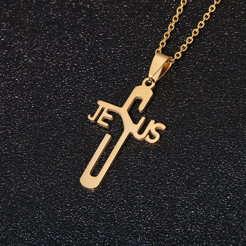 Fashion Cross Pendant Necklace in Titanium Steel with Polished Gold Plating on O-Chain for Unisex Wear