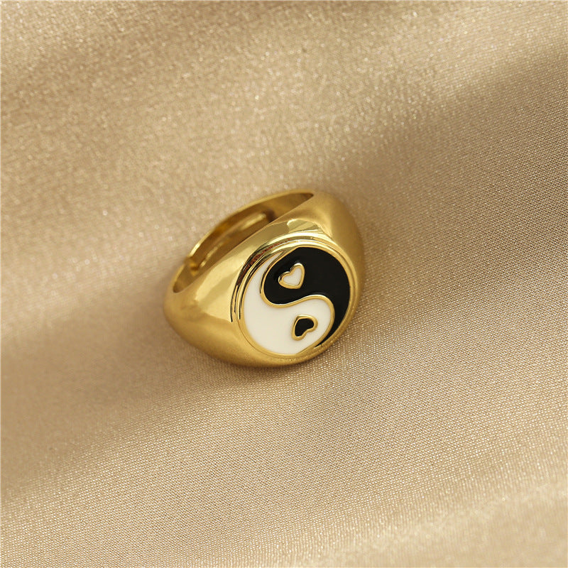 Colorful Drip Oil Heart Geometric Brass Ring with 18K Gold Plating Adjustable