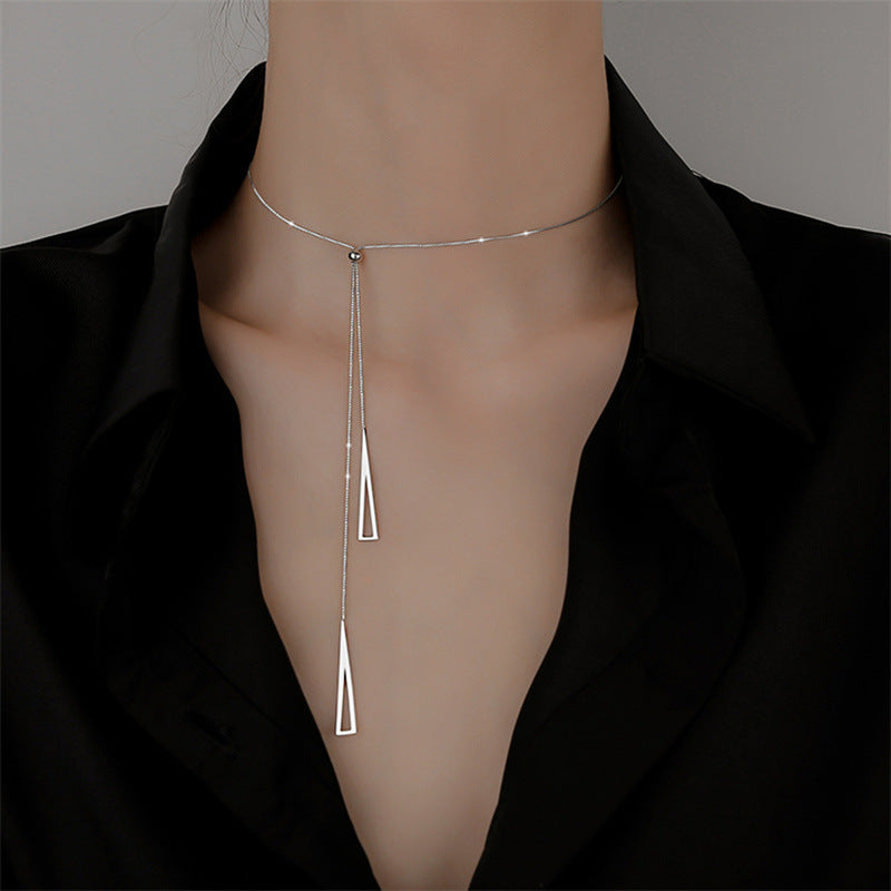 Elegant Triangle Adjustable Layered Necklace for Women Stainless Steel Long Pendant Chain with Tassel and Daisy Motif
