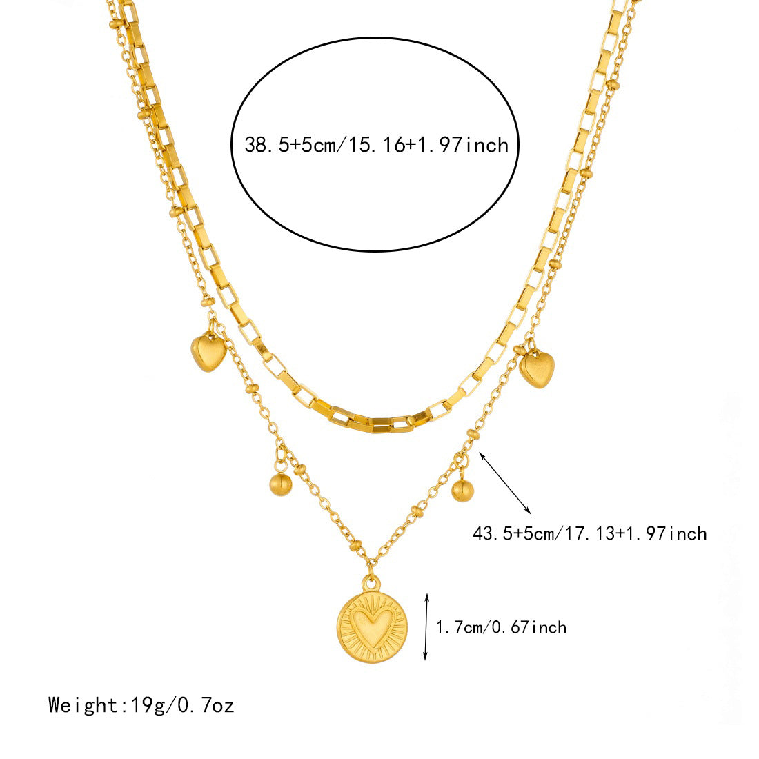Minimalist Gold Plated Stainless Steel Heart Round Pendant Necklace with Curb Chain