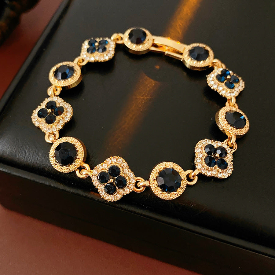 Vintage Floral Rhinestone Inlay Brass Bracelet for Women