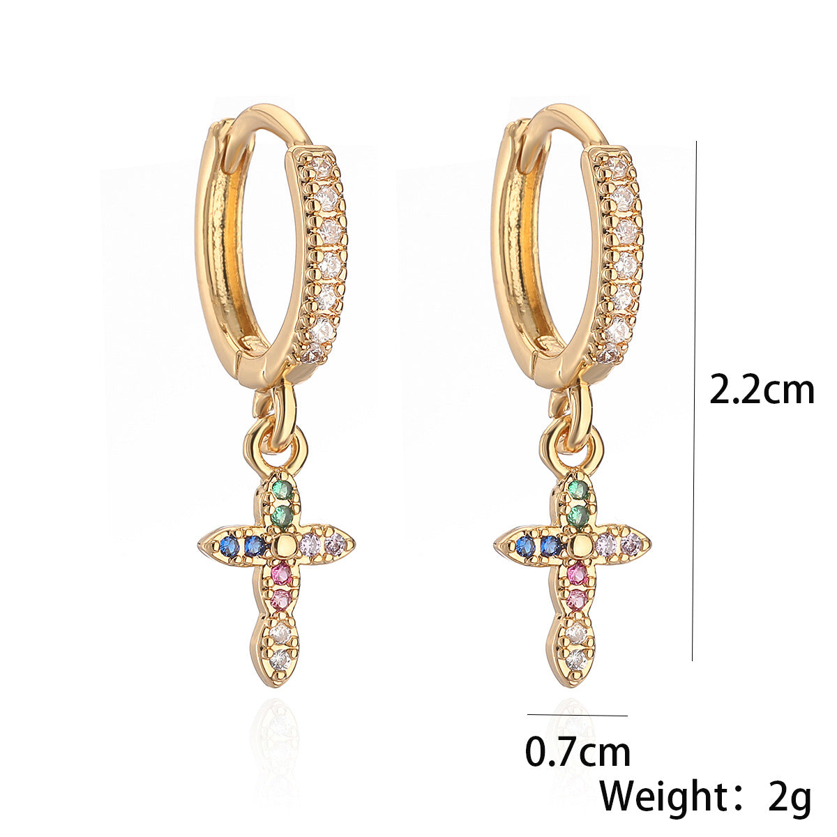 Minimalist Cross Pendant Earrings for Women Made of Brass with Real Gold Plating and Zircon Inlay
