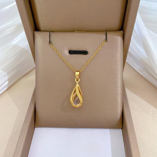 Luxury Sweet Fresh Titanium Steel Geometric Drop Necklace with Rhinestone Inlay for Unisex