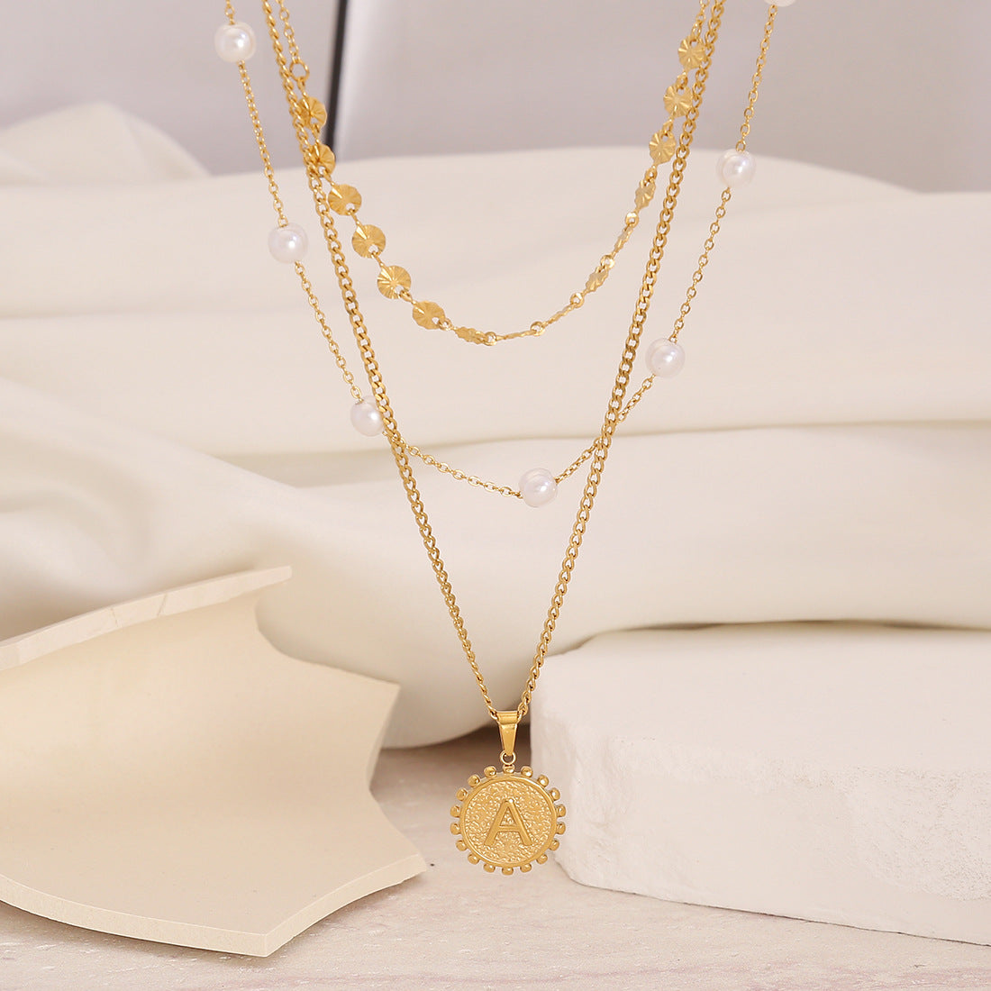 Fashionable Minimalist Geometric Letter and Heart Pendant Necklace with Stainless Steel Multi-Layer Chain and Gold Plating