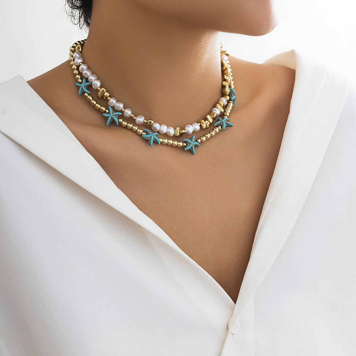 Casual Starfish & Shell Resin Alloy Pendant Ball Chain Necklace for Women
