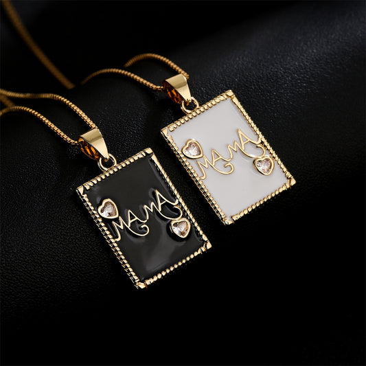 Minimalist Geometric MAMA Pendant Necklace for Women with Copper Base Plated in 18K Gold and Enamel Finish, Rhinestone Inlay