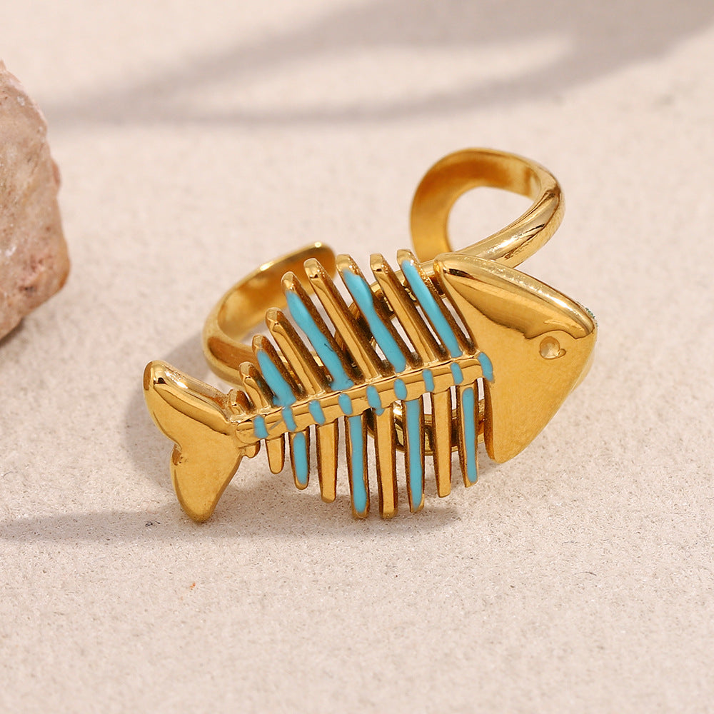 Anello da Donna Alla Moda a Forma di Pesce in Acciaio Inossidabile con Placcatura in Oro 18K e Finitura Smaltata