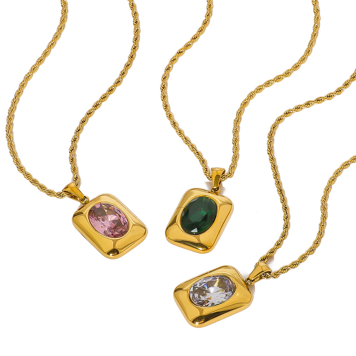 Geometric Pendant Necklace with Zircon Inlay in 18K Gold-Plated Stainless Steel on Twisted Chain for Women