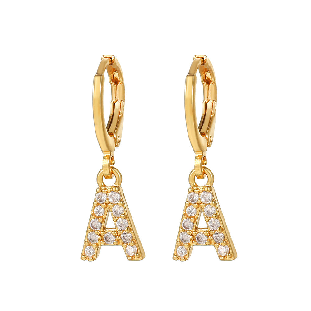 Minimalist Elegant Gold Plated Brass Micro-Inlaid Cubic Zirconia Letter Hoop Earrings for Women