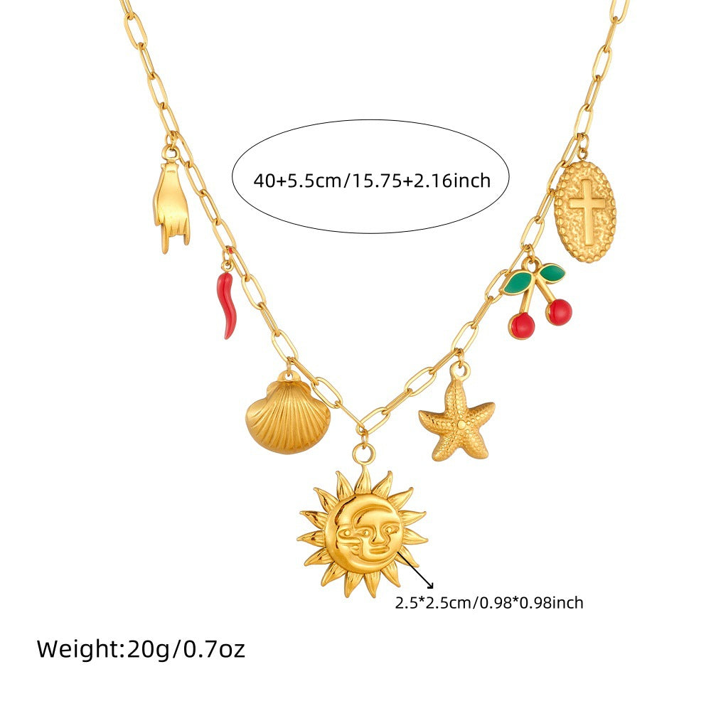 Streetwear Stainless Steel Plated Face Sun Chili Pepper Starfish Shell Cross Pendant Box Chain Necklace for Women