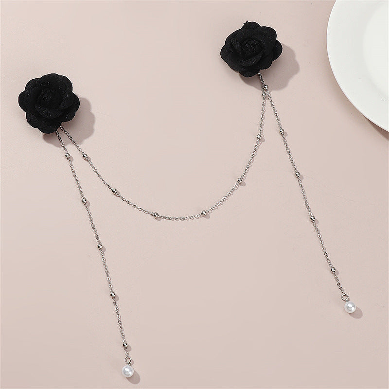 Minimalist Dark Night Rose Tassel Pearl Hair Clip Set for Kids with Metal Flower Design