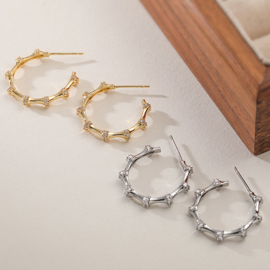 Luxury Elegant Geometric Gold Plated Brass C-Shape Bamboo Hoop Earrings with Cubic Zirconia for Women