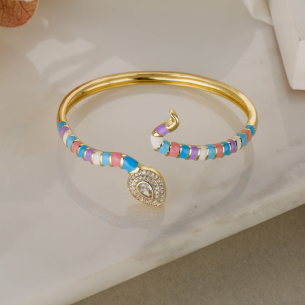 Bohemian Style Snake-Shaped Enamel Zirconia Cuff Bracelet for Women