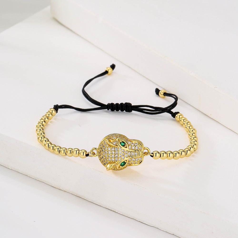 Minimalist Geometric Leopard Charm Adjustable Drawstring Bracelet for Women in Brass with 18K Gold Plating and Zircon