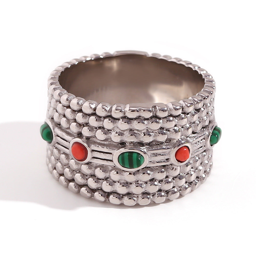 Bohemian Vintage Geometric Dot Pattern Ring for Women in Stainless Steel with 18K Gold Plating and Natural Stone Accent