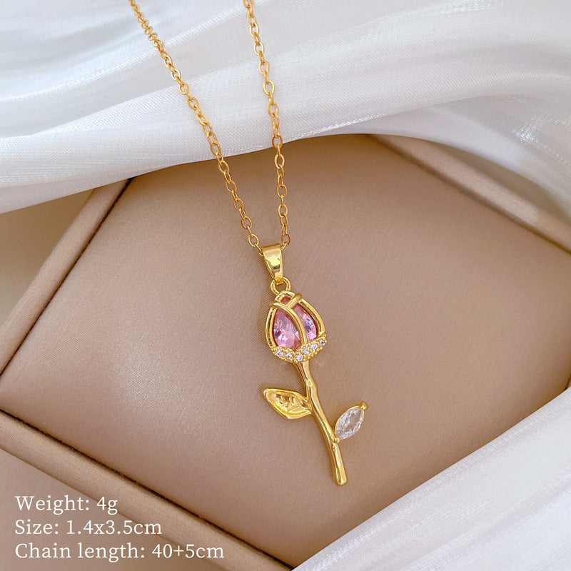 Luxury Titanium Steel Geometric Tulip Rhinestone Pendant Necklace for Women with Adjustable Chain