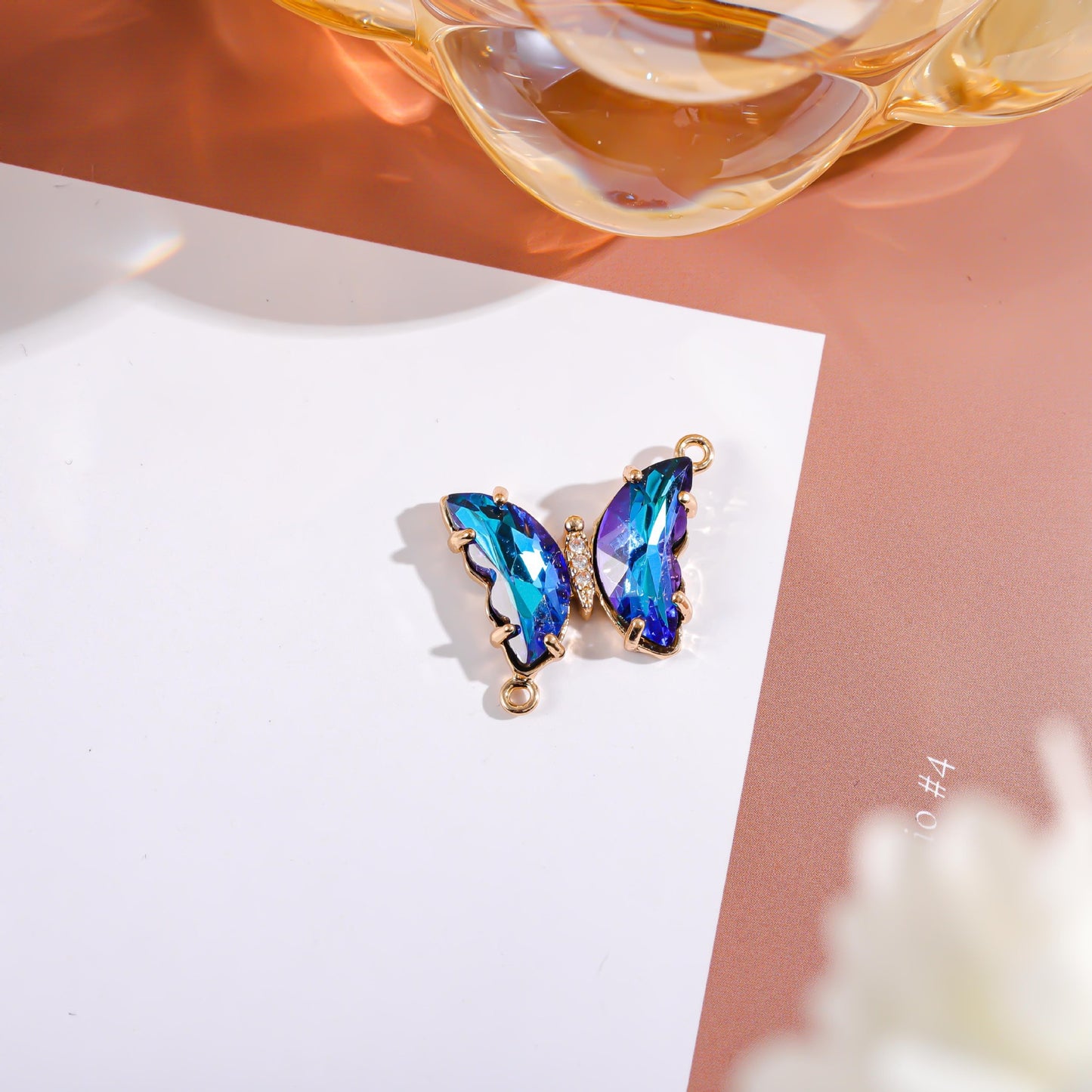Sweet Gradient Glitter Crystal Butterfly Double Pendant Brass Plated Charm Bar
