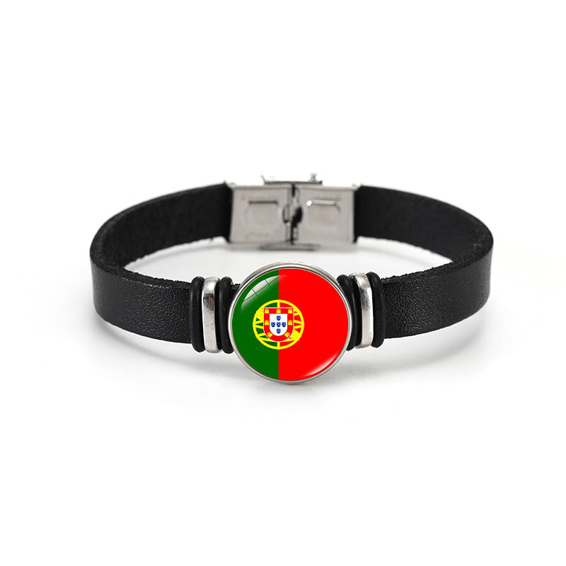 Geometric Plated Leather Bracelet Unisex World Cup Flag Design Casual Wristband