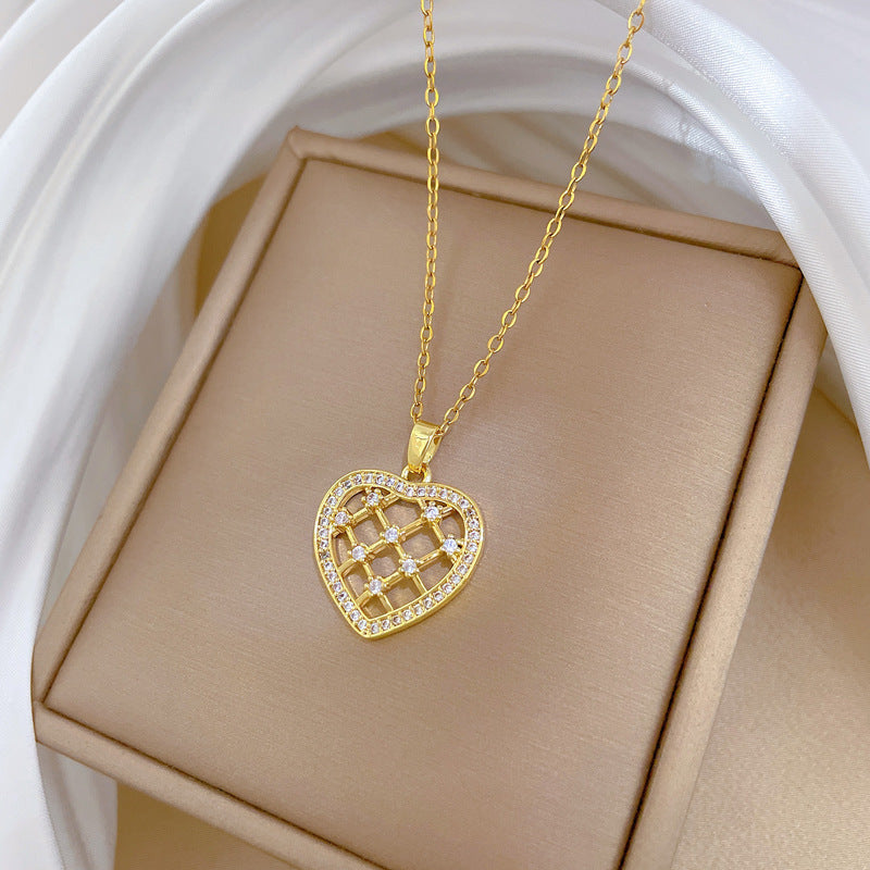 Minimalist Hollow Heart Shaped Zirconia Encrusted Necklace for Women Stainless Steel Delicate Clavicle Chain