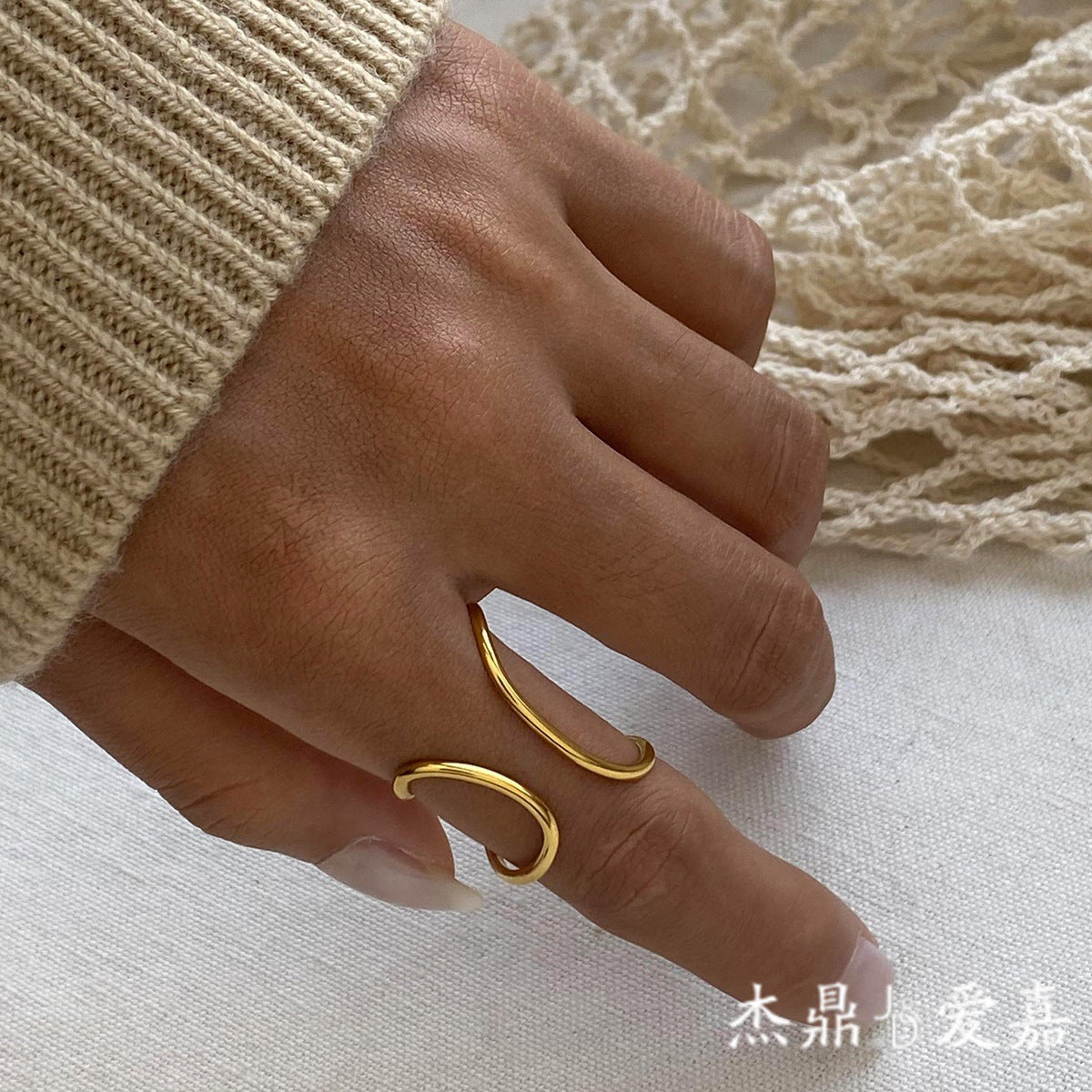 18K Gold Plated Geometric Stainless Steel Open Ring
