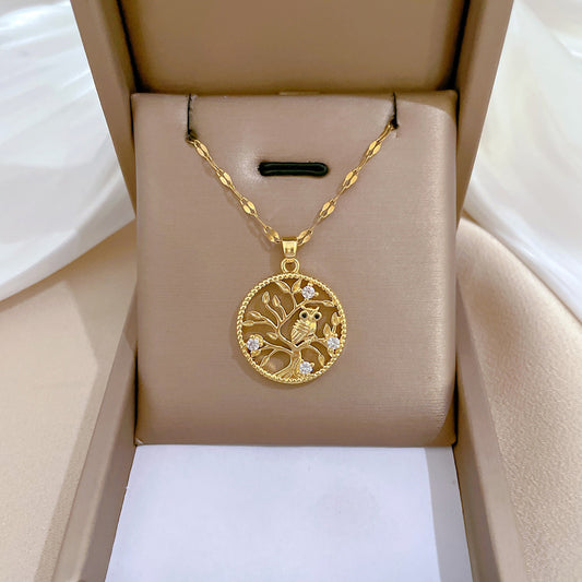 Luxury Titanium Steel Owl Branch Pendant Necklace for Women with Rhinestone Inlay, Geometric Design, Delicate Clavicle Chain