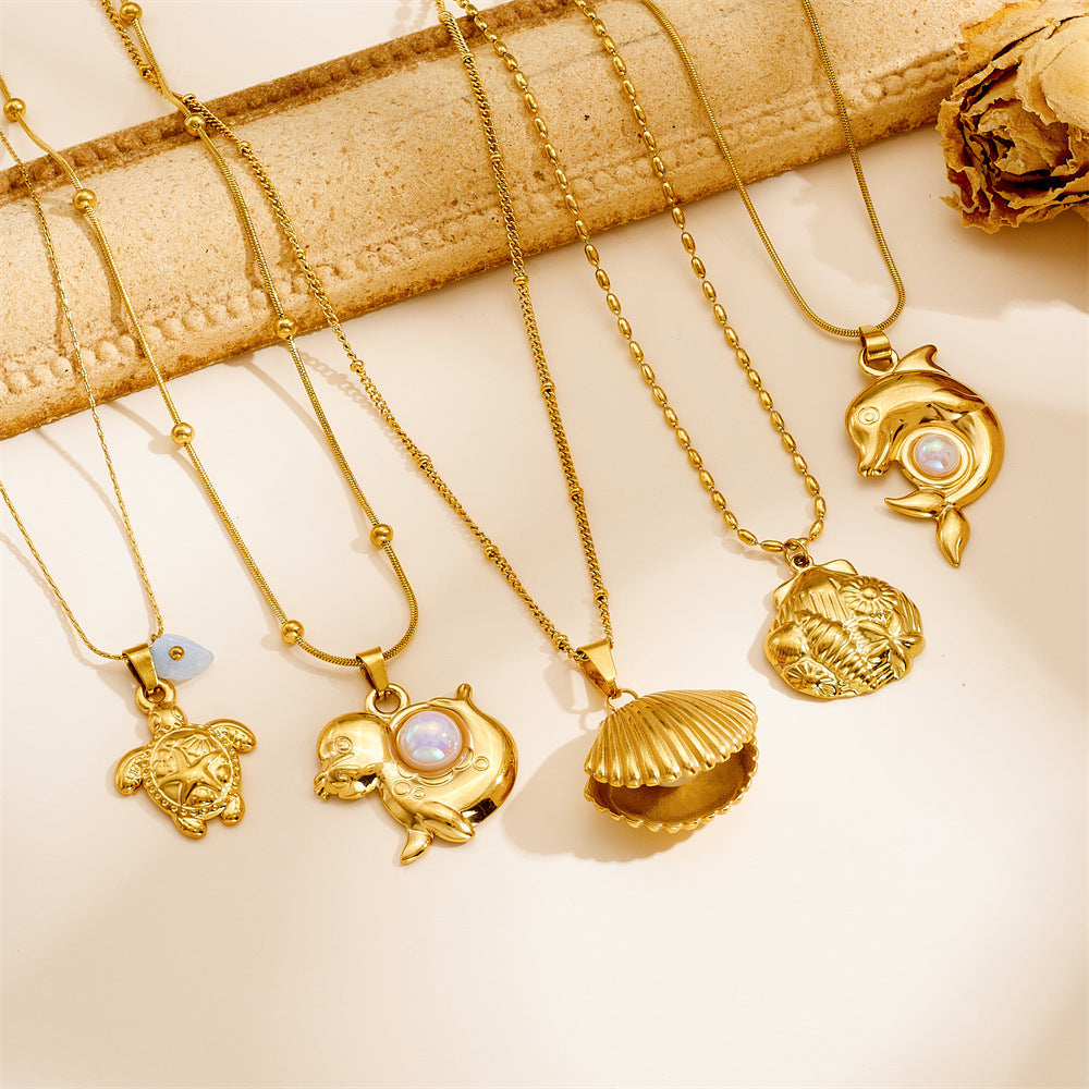 Chic Gold Plated Drip Oil Stainless Steel Starfish Butterfly Necklace
