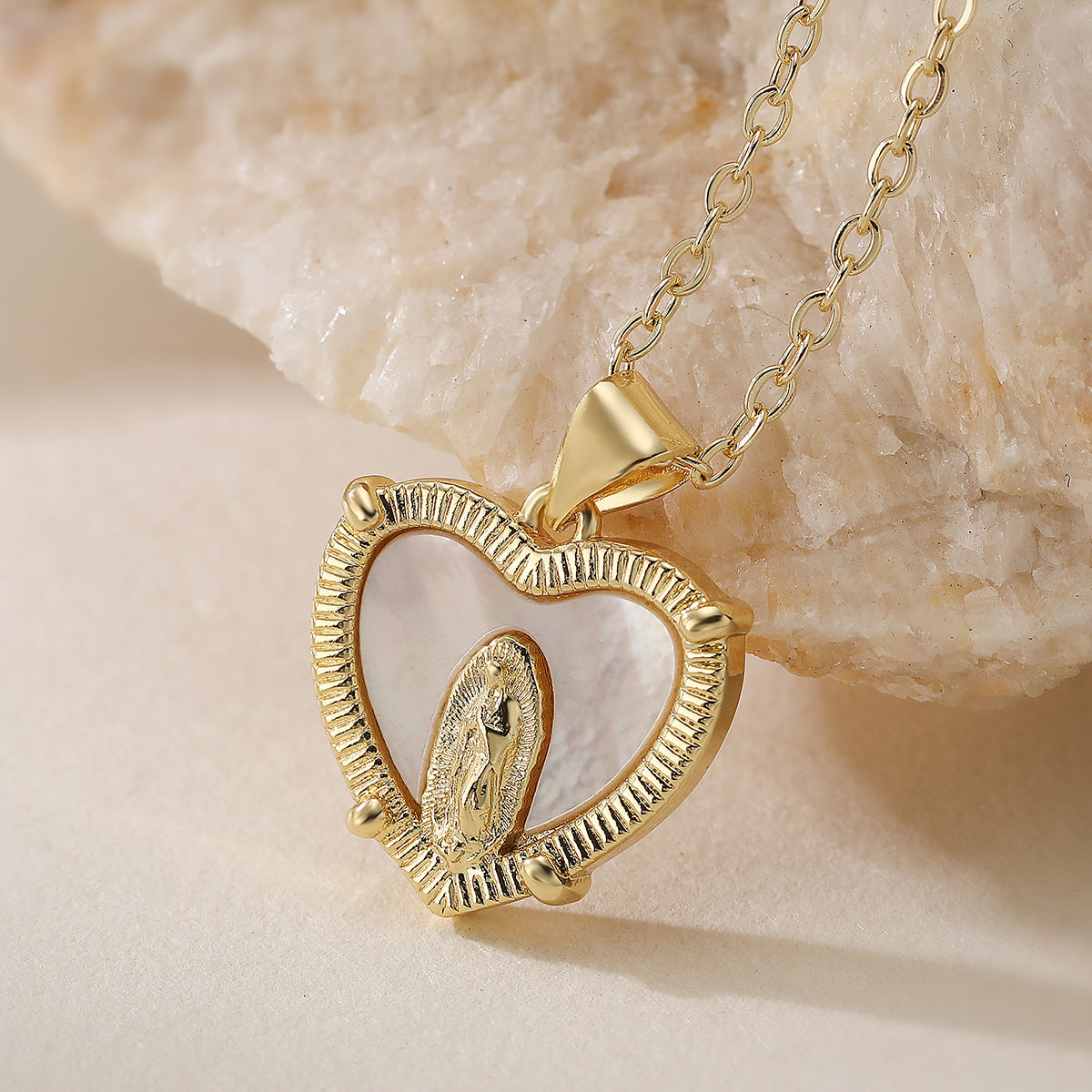 Minimalist Gold Plated Brass Heart Virgin Mary Pendant Necklace for Women