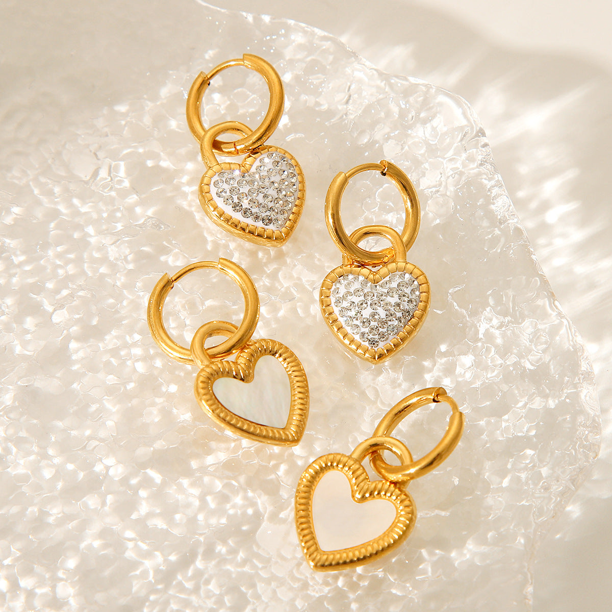Fashion 18K Gold Plated Stainless Steel Heart Pendant Earrings with White Shell and Rhinestone for Women