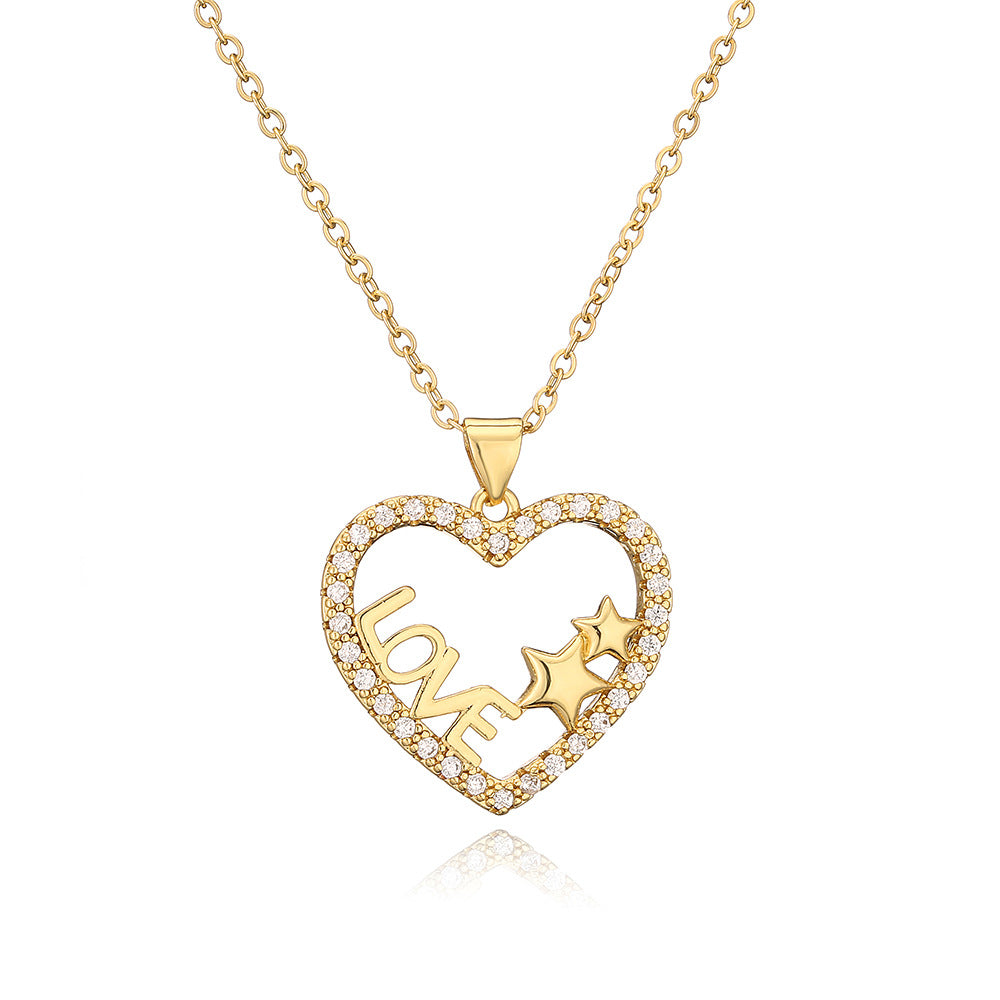 Minimalist Geometric Love Heart Pendant Necklace for Women with Copper Base Plated in 18K Gold and Zircon Inlay