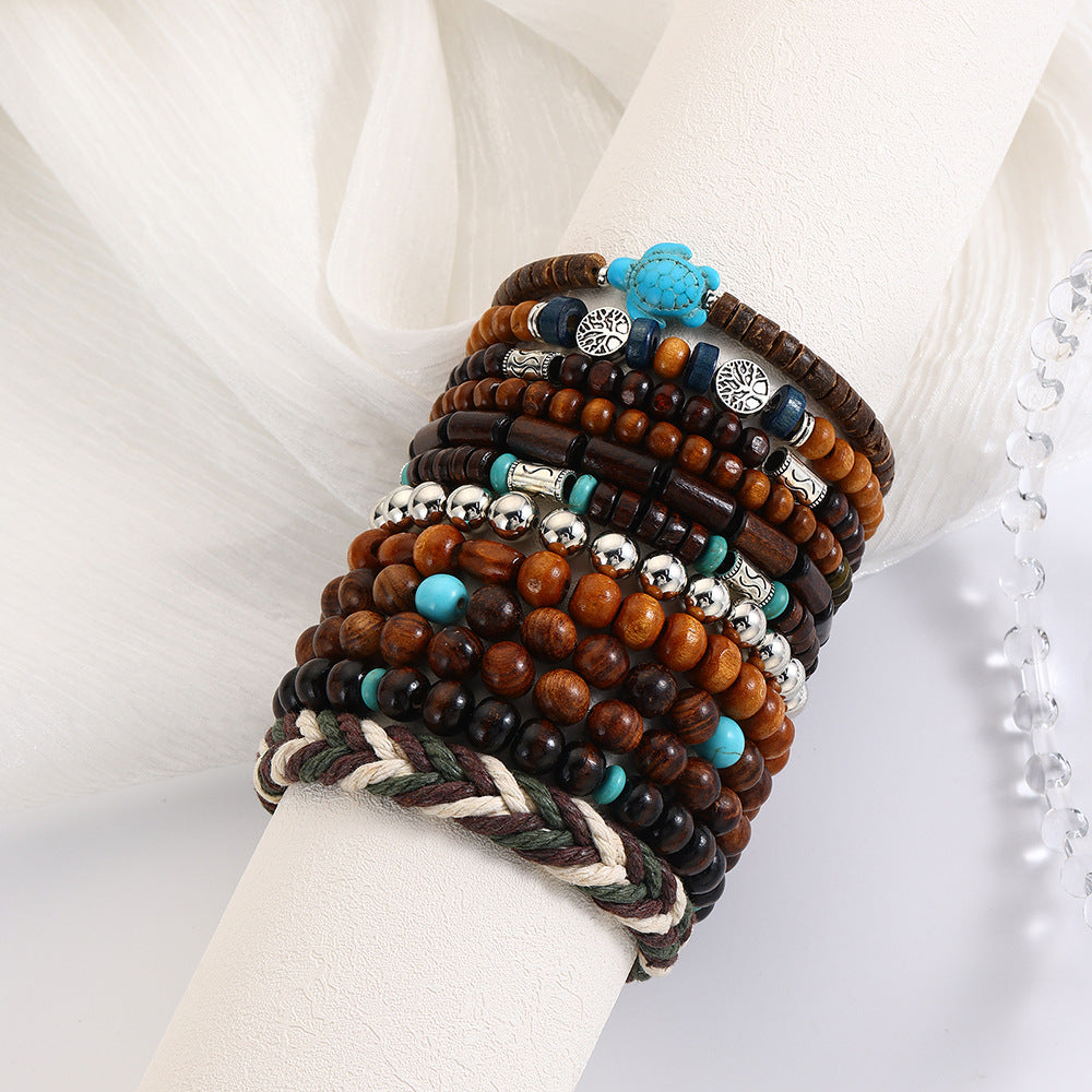 Bracciale Artigianale con Perline per Uomo e Donna con Perle di Legno Pietra Vulcanica Onice Nero Elastico Stile Bohemien Design Geometrico Rotondo
