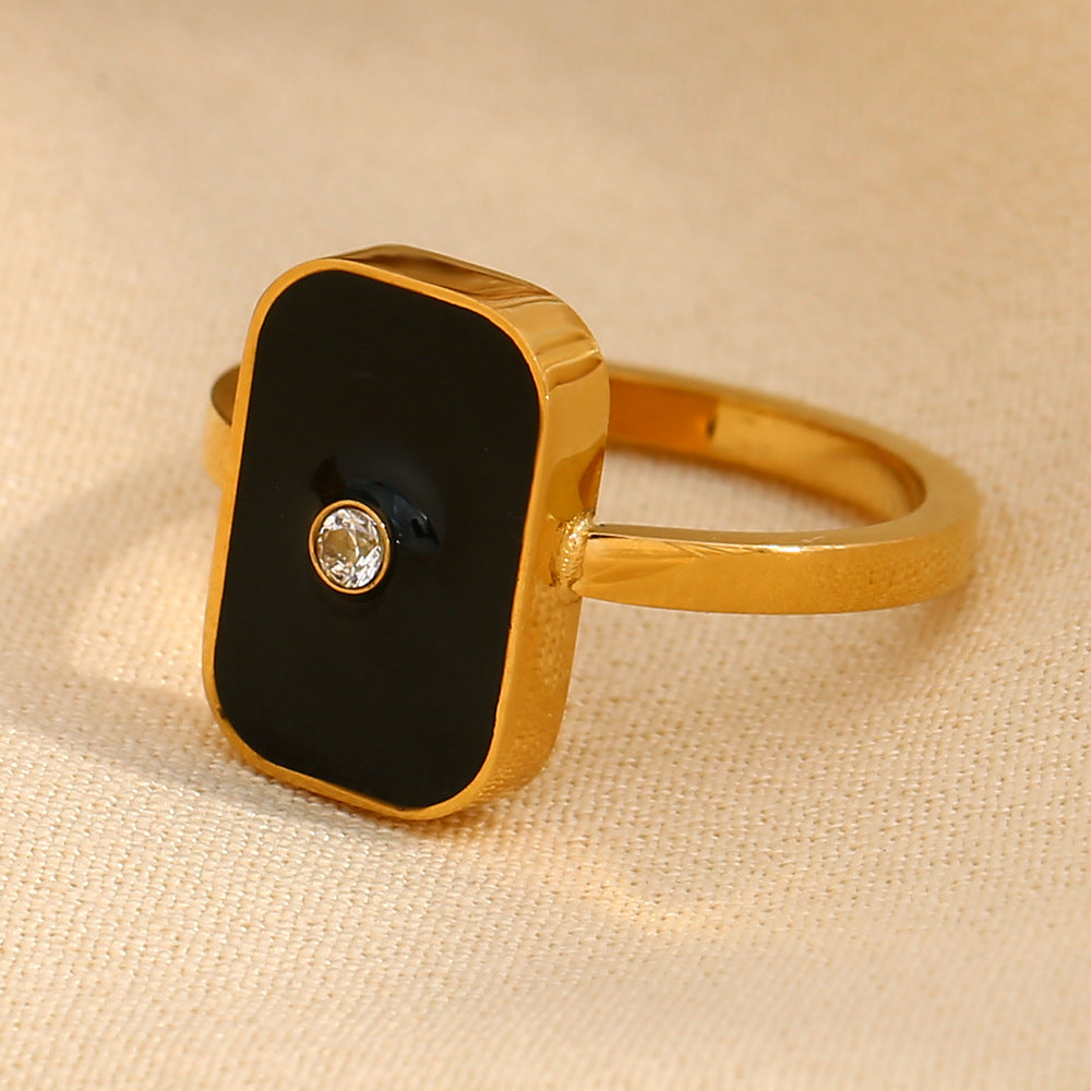 Minimalist Geometric Stainless Steel Ring with 18K Gold Plating and Enamel Black Square Design for Women
