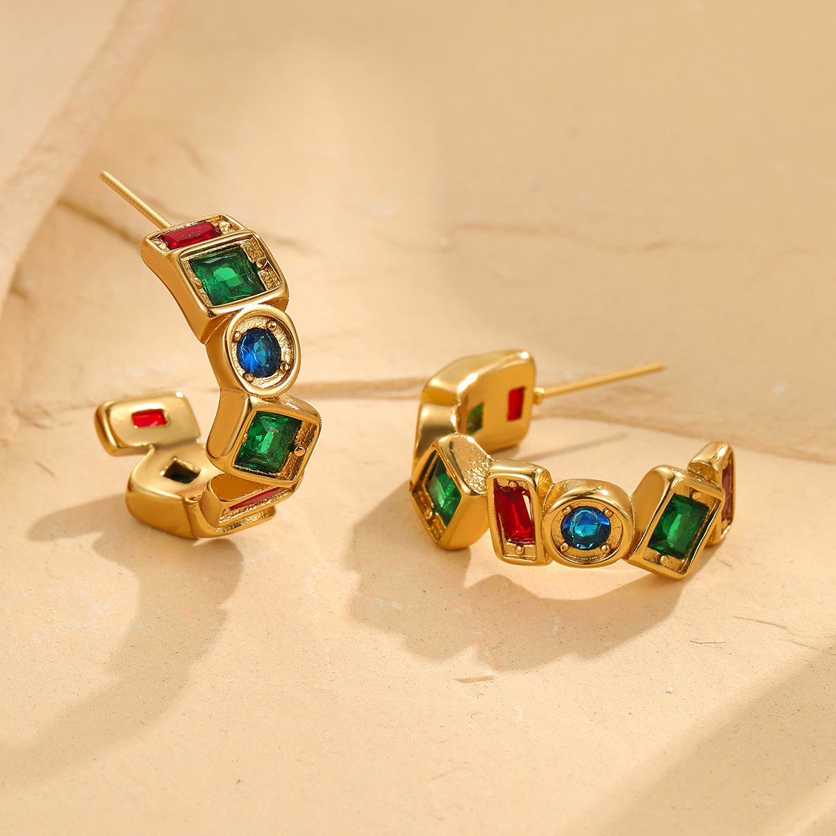 Vintage French-Style Geometric Stainless Steel Earrings with 18K Gold Plating and Colored Zircon Accents