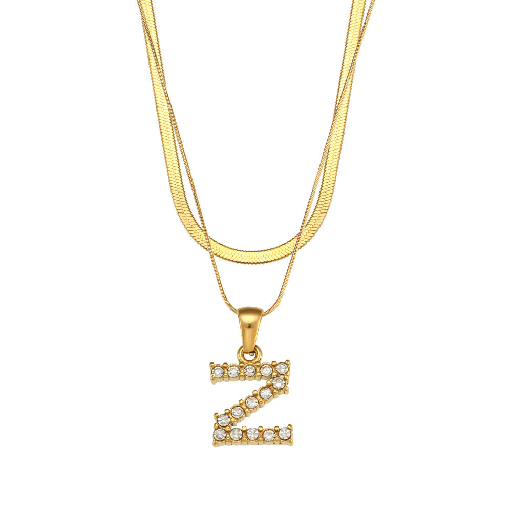 Fashionable Minimalist Letter Pendant Necklace in Stainless Steel with 18K Gold Plating and Cubic Zirconia on Double Snake Chain for Women