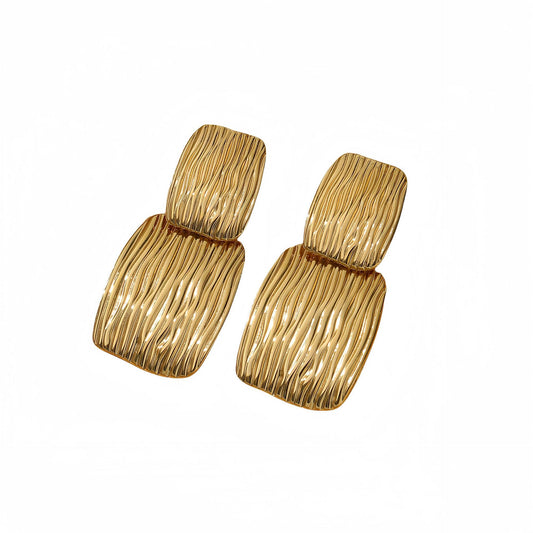 Minimalist Textured Pleated Titanium Steel Earrings for Women Rectangular Studs with Plating Finish Luxury Everyday Wear