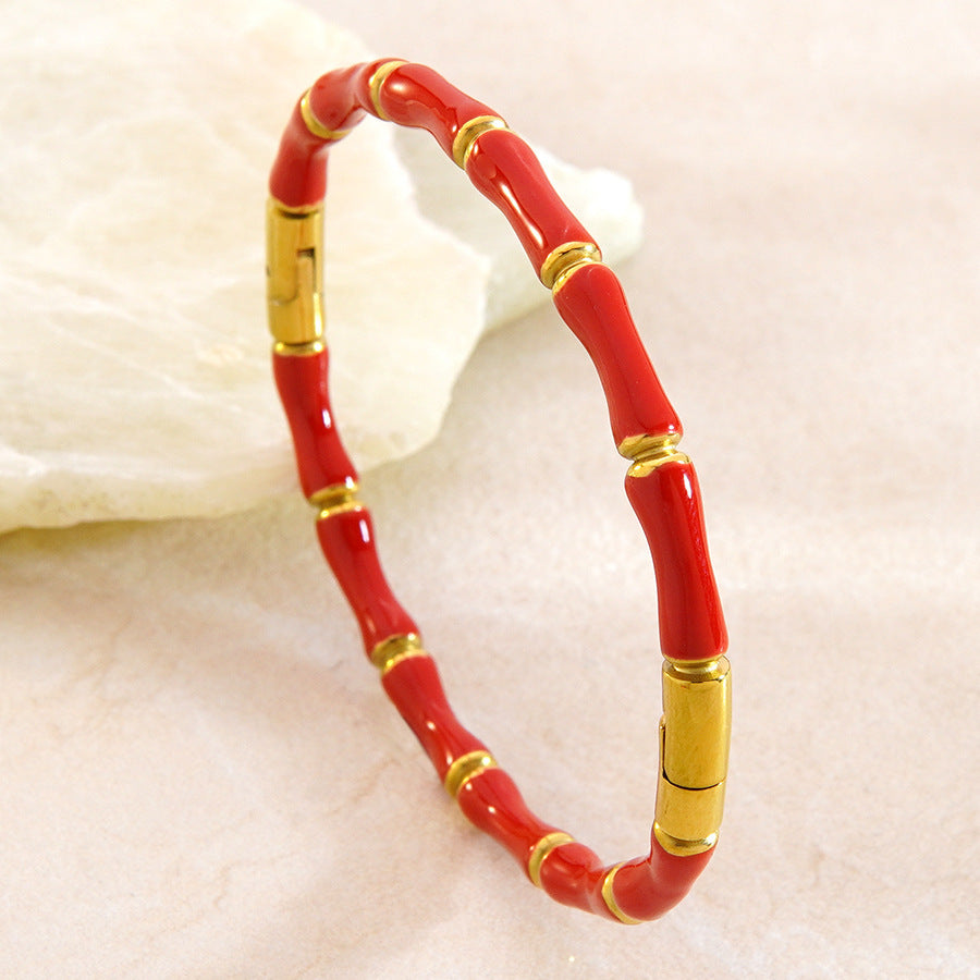 Bracciale in acciaio inossidabile placcato oro 18 carati con bambù, stile casual di tendenza
