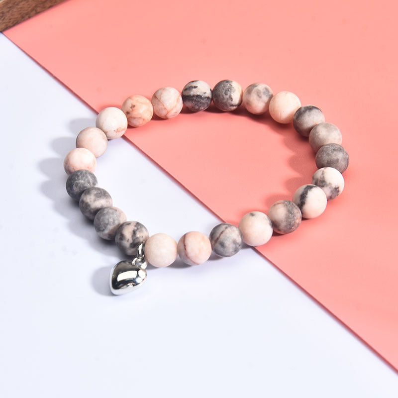 Elegant 8mm Pink Zebra Agate Beaded Bracelet with Rhinestone Inlay Unisex Geometric Jewelry