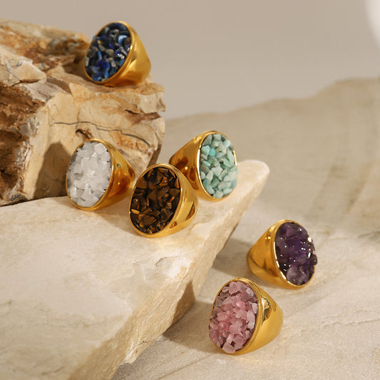 Square Plated Stainless Steel Ring with Natural Gemstone for Women