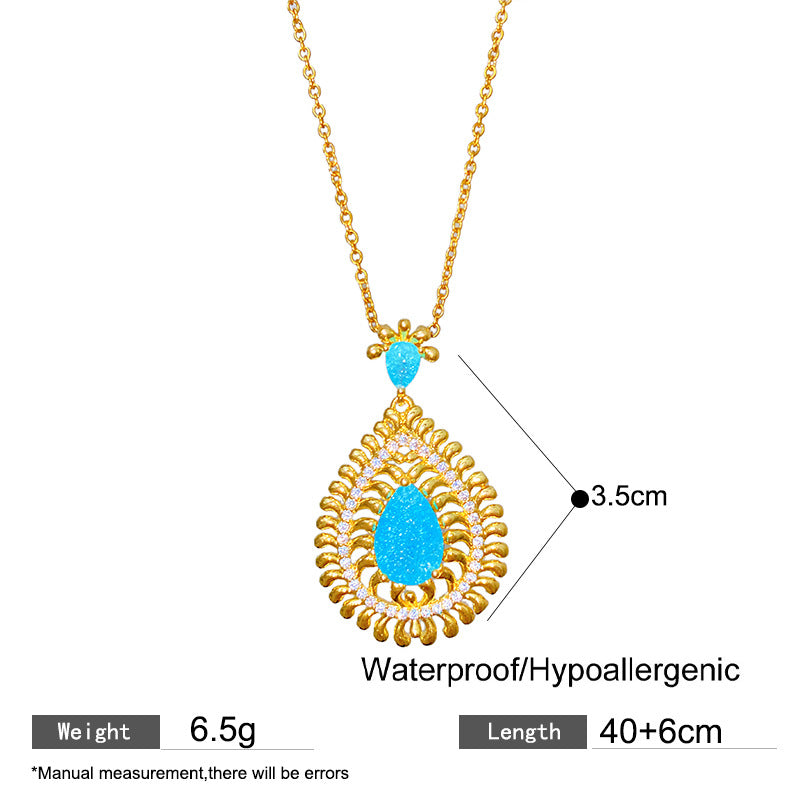 Vintage Sweet Heart Turquoise Inlay Plated Titanium Steel Necklace Cable Chain Unisex