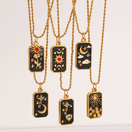 Elegante collar vintage de acero inoxidable con colgante cuadrado de esmalte de tarot con motivos de estrella y sol en cadena trenzada para mujer