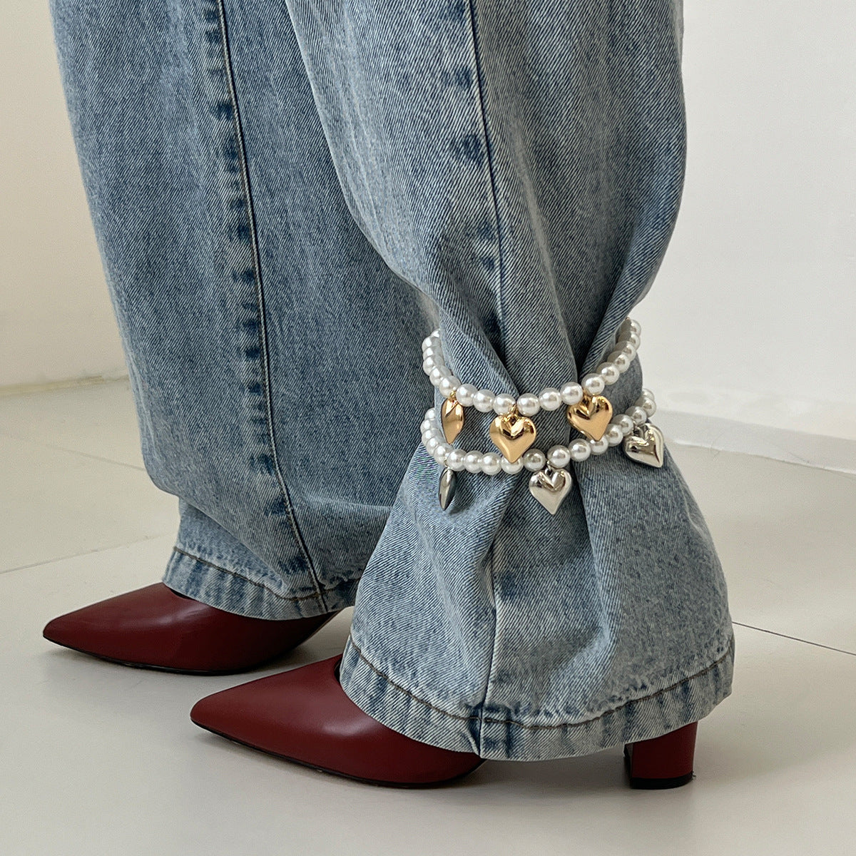 Tobillera minimalista con forma de corazón y cuentas de perlas de imitación para mujer