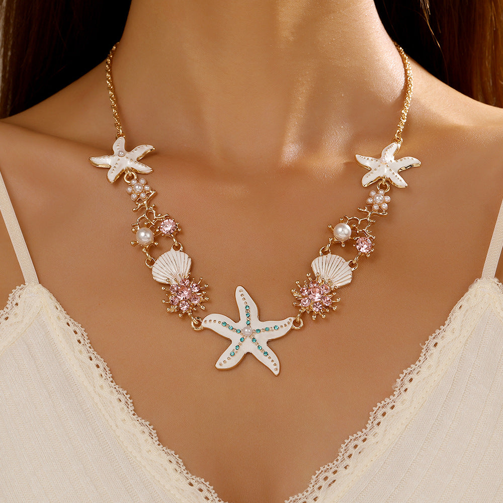 Sweet Colorful Drip Oil Alloy Starfish Shell Pearl Pendant Necklace for Women