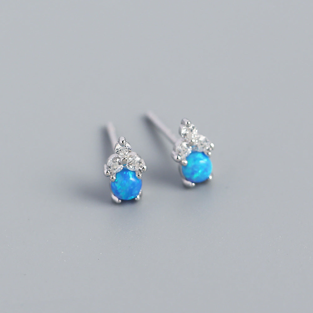 Orecchini a perno con opale e intarsio di strass in argento sterling S925, stile naturale, forma geometrica da donna