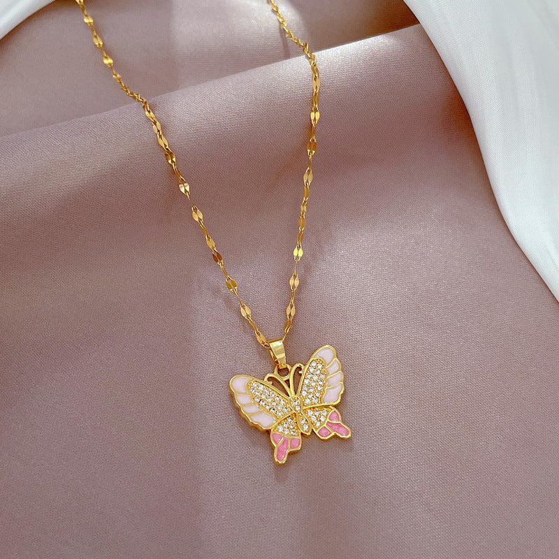 Sweet and Edgy Butterfly-Shaped Titanium Steel Necklace with Rhinestone Inlay, Minimalist Geometric Pendant on Titanium Steel Chain for Women