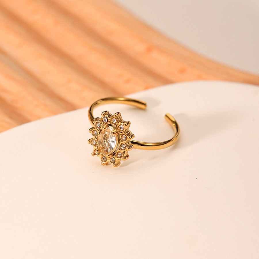 Anello da Donna Minimalista a Forma di Girasole in Acciaio Inossidabile con Intarsi in Zircone e Placcatura Sottovuoto in Oro 18K