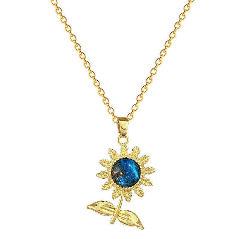 Sweet Minimalist Leaf Flower Moon Rhinestone Titanium Steel Necklace for Unisex