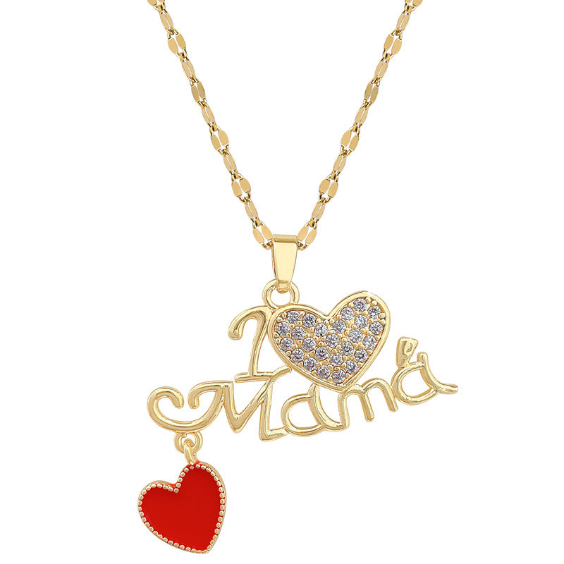 Sweet Drip Oil Heart Rhinestone Titanium Steel Necklace with Cable Chain