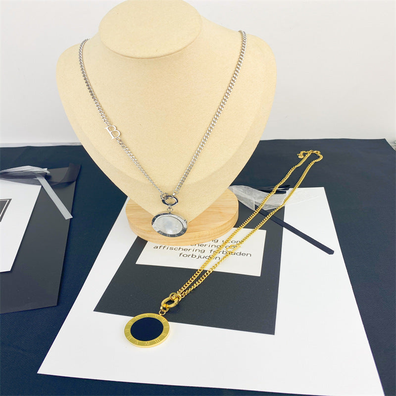 French Vintage Style Geometric Roman Numeral Pendant Titanium Steel Long Necklace for Women and Men, Twist Chain Adjustable Sweater Chain