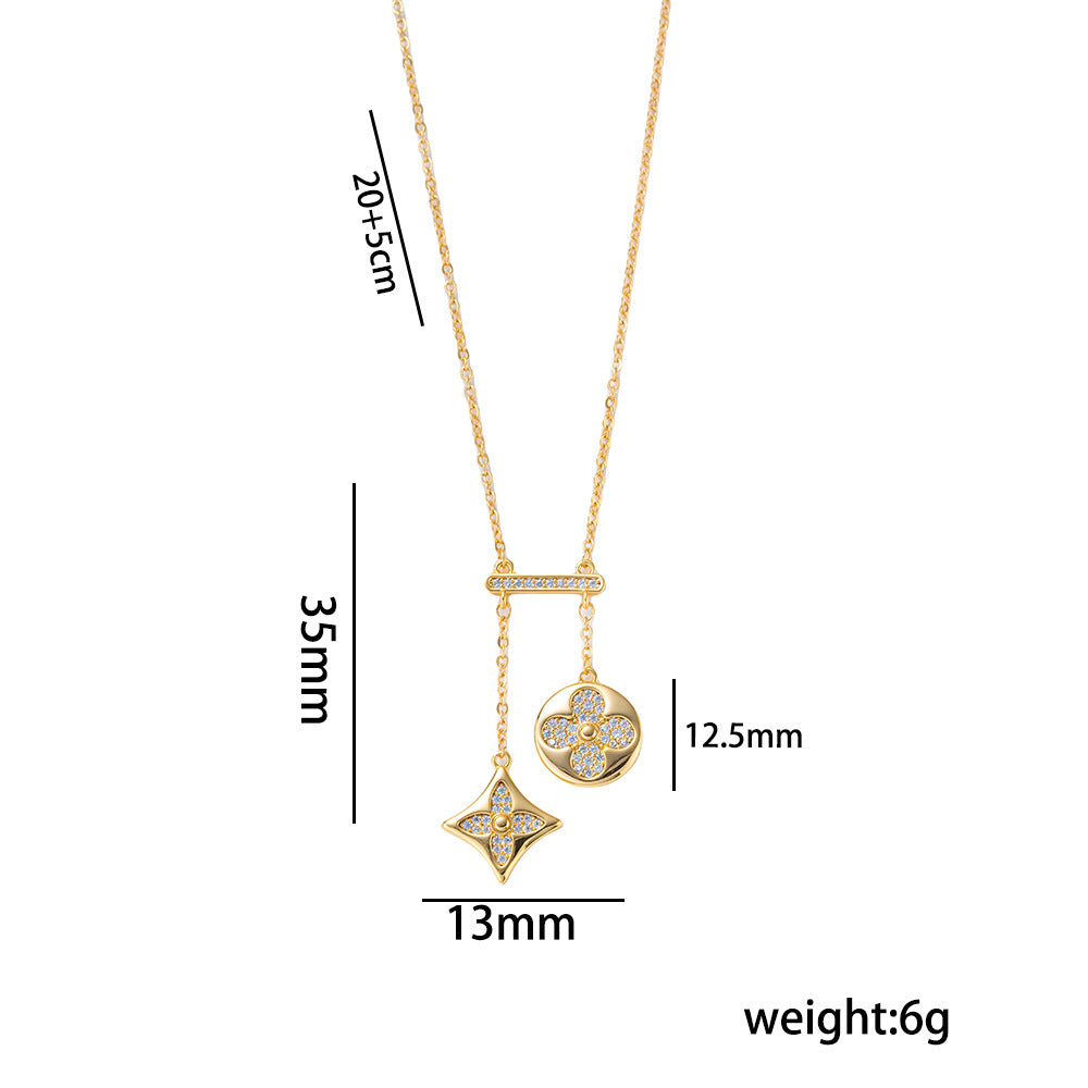 Luxury Minimalist Four-Leaf Clover Pendant Necklace with Tassels and Geometric Accents in Titanium Steel with 18K Gold Plating for Women