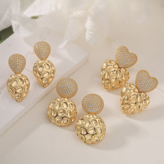 Vintage Elegant 18K Gold Plated Brass Geometric Heart Stud Earrings with Cubic Zirconia for Women
