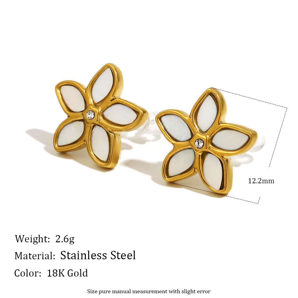 Fashionable Geometric Stainless Steel Plated 18K Gold Zircon Flower Pearl Clip-On Earrings for Women